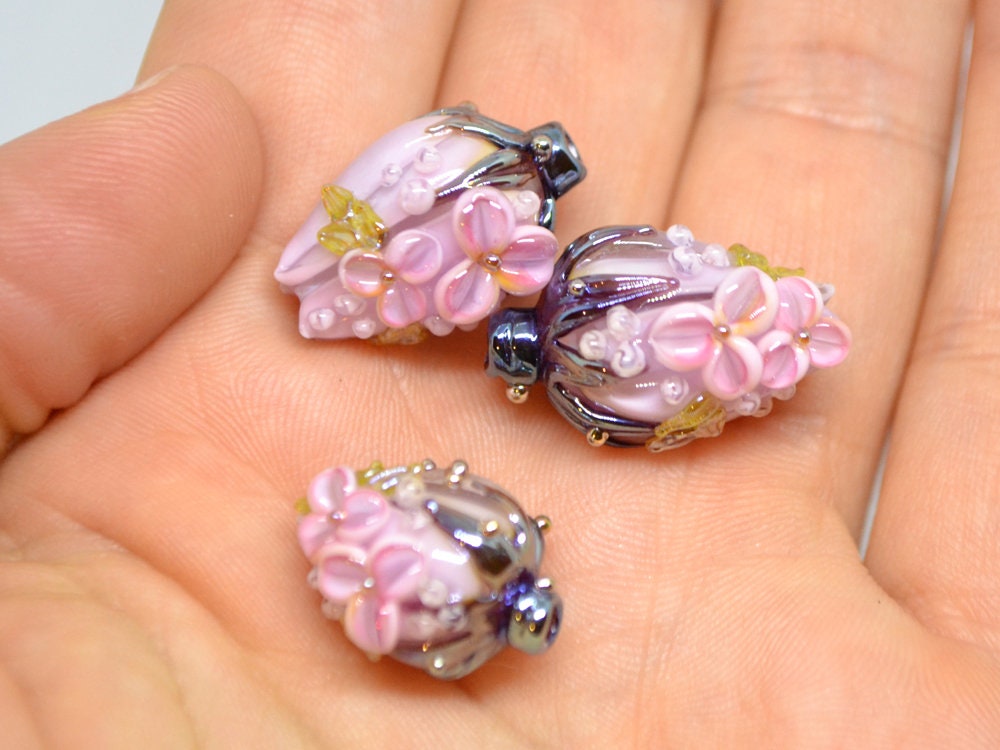 Glass flower bouquet on lampwork bud beads, Miniature glass flowers, Artisan lampwork, Light pink glass flower beads