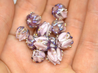 Pale pink glass flower beads purple leaves gold dew, Artisan lampwork, 10mm flower bead, Pastel pink, Floral glass beads, Flower spacer bead