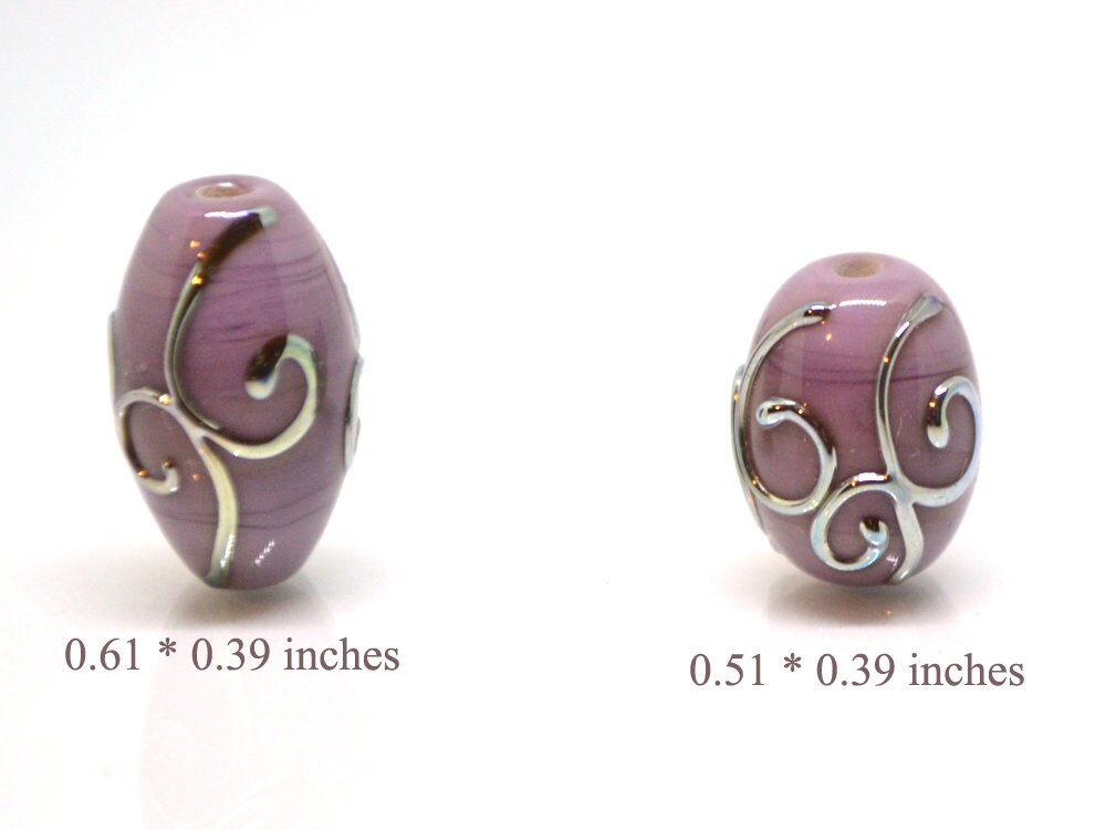 Purple glass lampwork oval beads with silver swirl texture lavender earrings beads, rhombus beads, oval glass beads, handmade glass beads