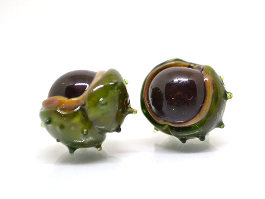 Lampwork chestnut beads, Handmade lampwork bead, Forrest glass beads, Green brown glass beads, Berry beads, Food glass bead,Artisan lampwork