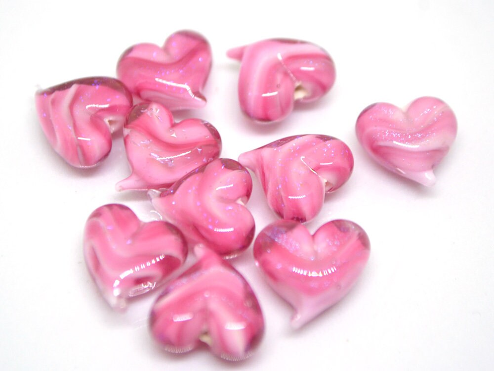 Pink heart beads, Pink glass bead, Heart jewelry making, Sparkle Lampwork heart, Heart shape, Glass Heart charm, Half-drilled beads