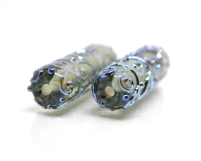 Gray lampwork tube bead, Silver mirror swirl transparent bead, Jewelry making supply, Artisan lampwork, Textured beads, Focal beads, Smoky