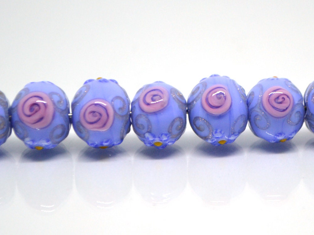 Blue purple handmade glass lampwork beads|Periwinkle blue jewelry|Venetian beads|Artisan lampwork|Periwinkle wedding|Jewelry making|Floral