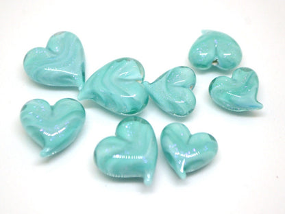 Turquoise heart beads, Green blue glass bead, Sparkle Lampwork heart, Heart shape bead, Glass Heart charm beads, Half-drilled beads