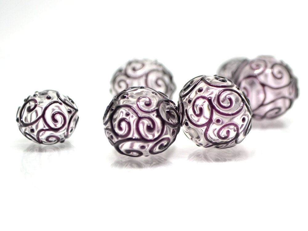 Clear hollow glass beads with black curls, Textured lampwork beads, Transparent clear beads, Artisan Lampwork