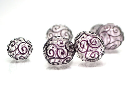 Clear hollow glass beads with black curls, Textured lampwork beads, Transparent clear beads, Artisan Lampwork