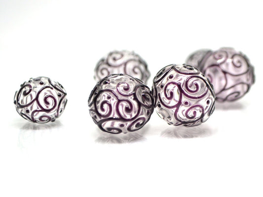 Clear hollow glass beads with black curls, Textured lampwork beads, Transparent clear beads, Artisan Lampwork