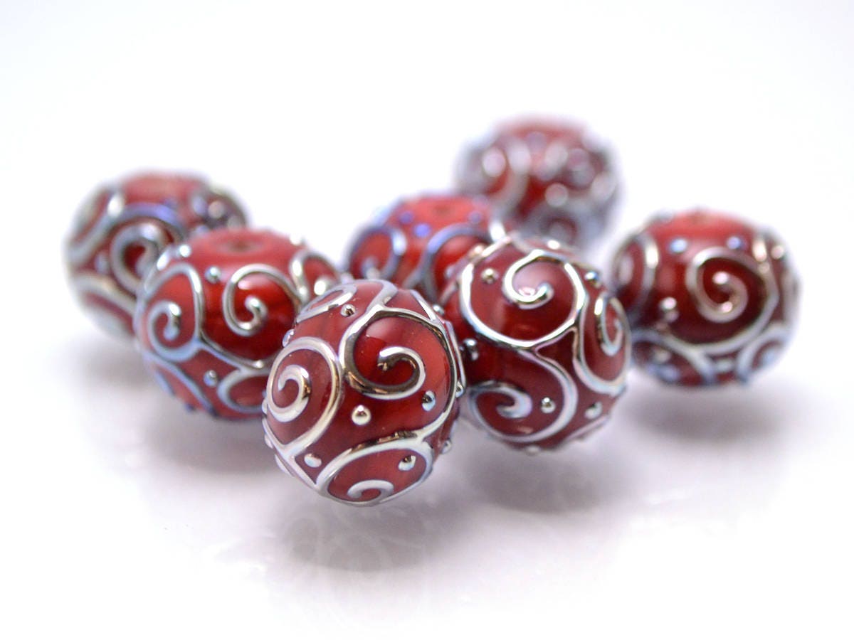 black red lampwork handmade bead artisan lampwork bead set jewelry making round bead silver curl dots red and black glass lampwork beads