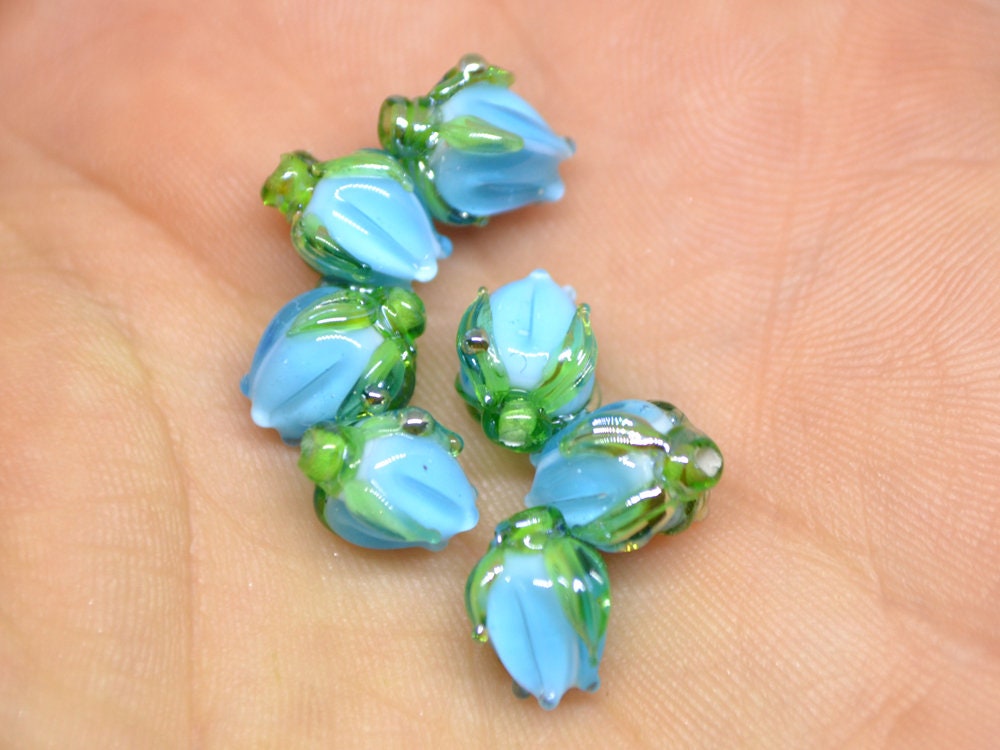 Aquamarine blue lampwork beads, Blue green flower beads, 9mm flower beads, Flower bud beads, Artisan lampwork