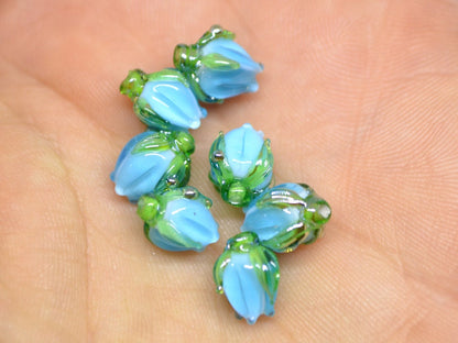 Aquamarine blue lampwork beads, Blue green flower beads, 9mm flower beads, Flower bud beads, Artisan lampwork
