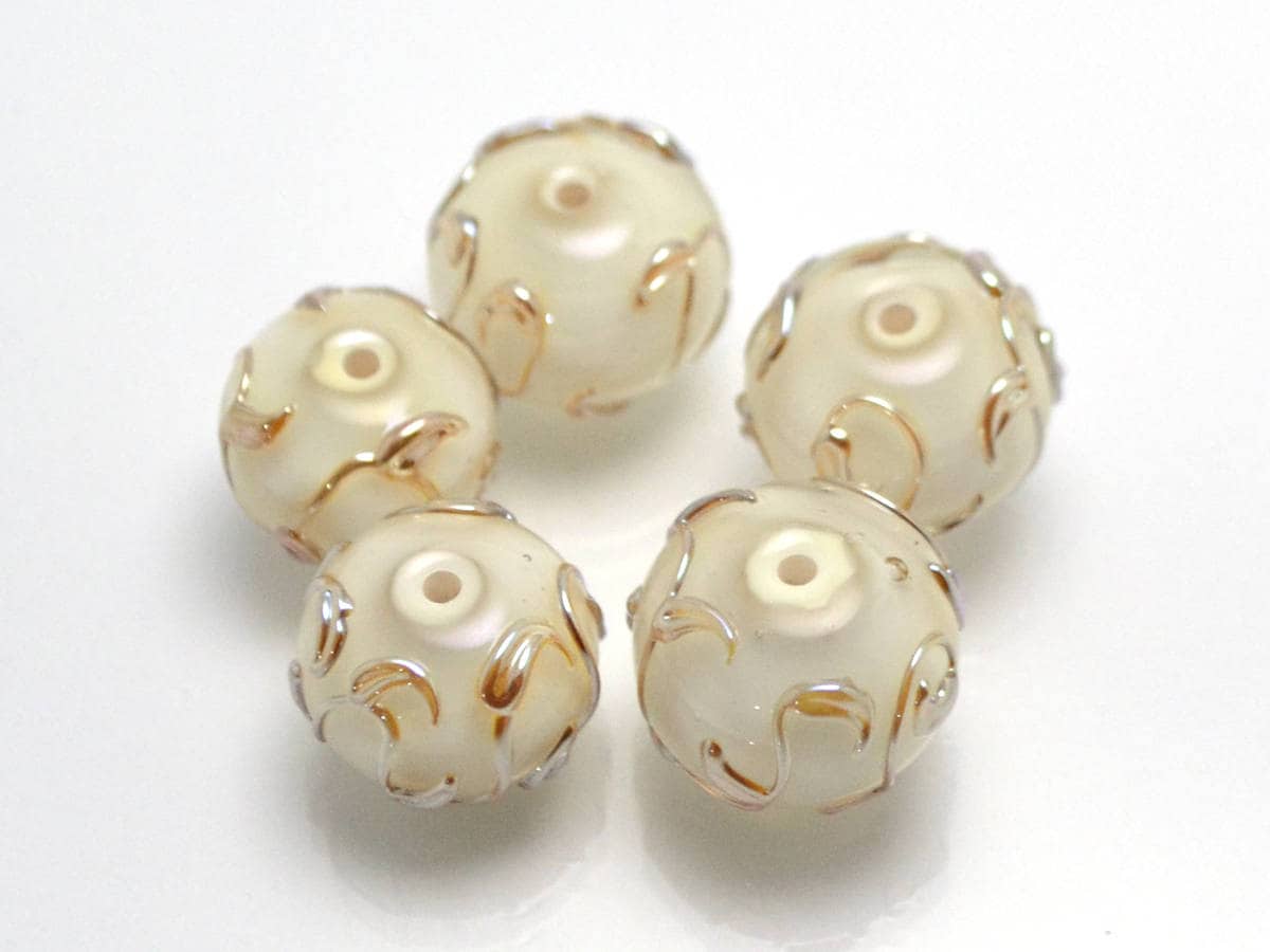 white pearl artisan lampwork bead handmade glass beads for wedding jewelry making set gold sprig twig leaf on white romantic tender earrings