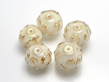 white pearl artisan lampwork bead handmade glass beads for wedding jewelry making set gold sprig twig leaf on white romantic tender earrings