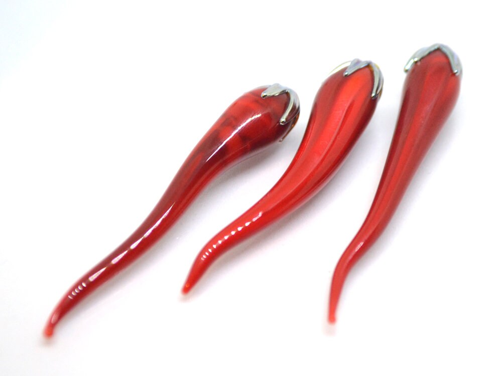 Red chili peppers, Lampwork chili beads, Red silver beads, Half-drilled beads, Vegetable beads, Farm beads