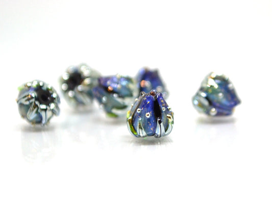 Small 7mm black blue stardust silver flower glass beads, Tiny flower beads, Mini flower beads, Beads wholesale, Artisan lampwork