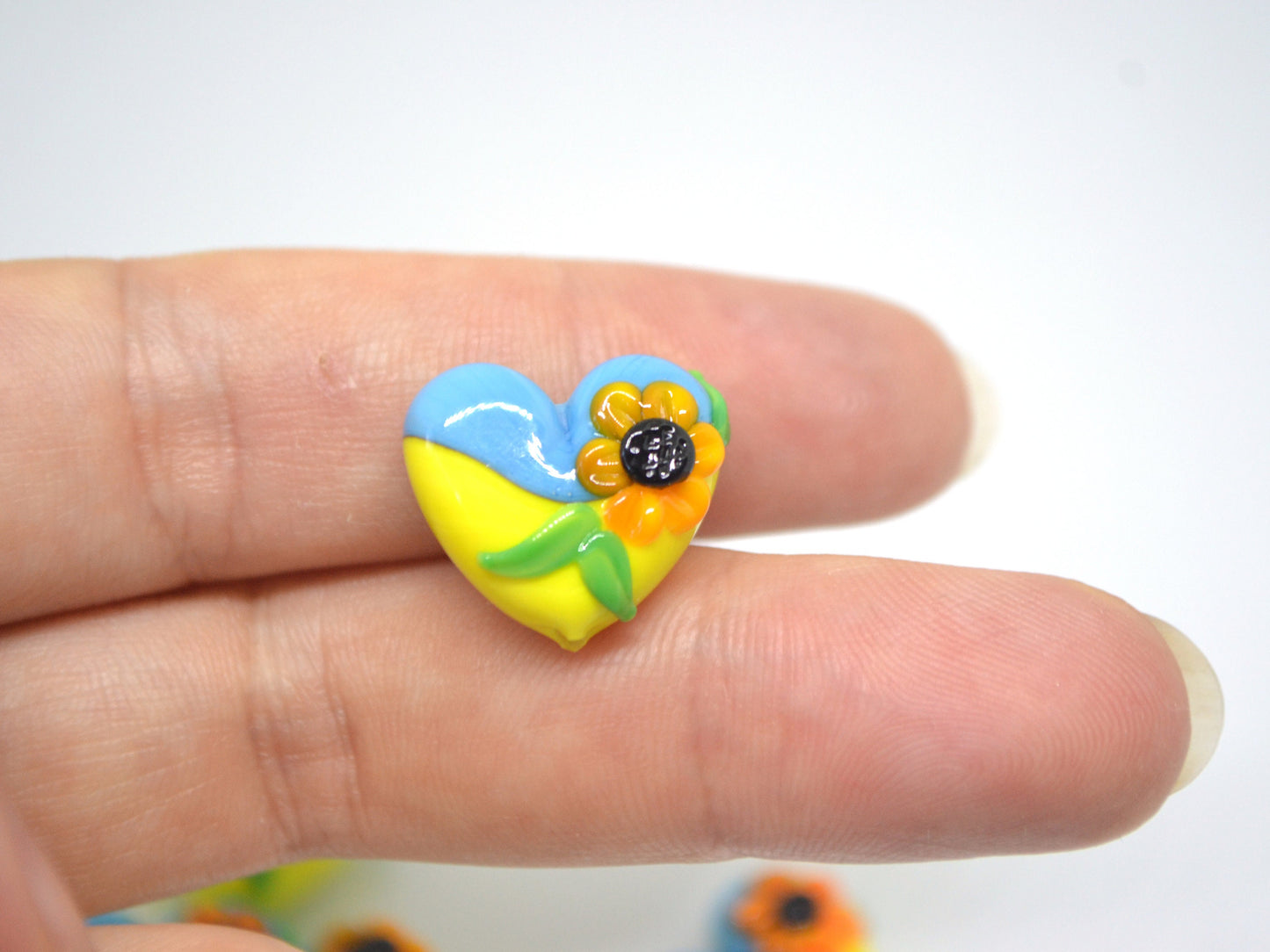 Yellow Blue Glass Heart, Lampwork Heart pendant, Heart with Sunflower, Ukraine symbol, Handmade lampwork, Stand with Ukraine