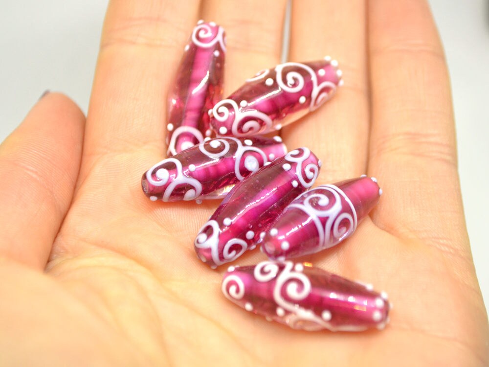 rhombus glass lampwork beads artisan lampwork set beads for jewelry oval glass beads rubina pink glass beads curls beads pink and white