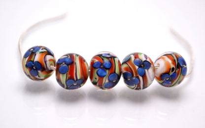 Lampwork glass bracelet making set bead for jewelry making lampwork artisan blue stripe bead blue flower bead glass art handmade bead set