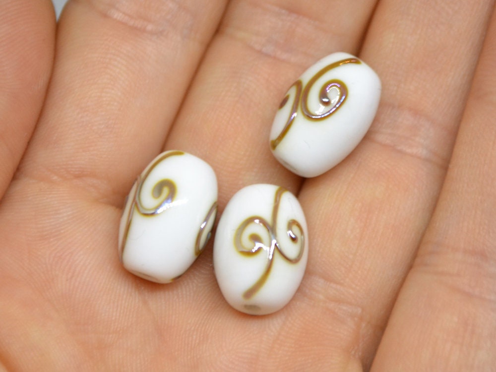 White opaque barrel glass beads gold curles, Oval lampwork beads, Handmade lampwork, Beads for wedding jewelry, Bead set, Beads crafts
