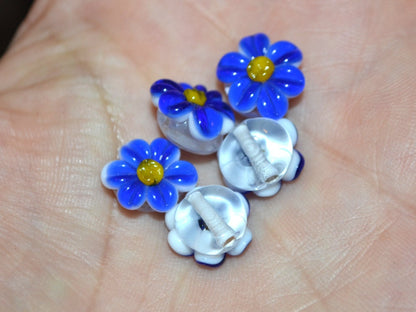 Blue Lampwork Chamomile beads, Cobalt blue Chamomile flower bead, Blue and yellow beads, Beads for bracelet, Blue flower bead, Blue lampwork