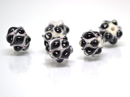 White black handmade glass bead, 10mm glass beads, White lampwork, Artisan lampwork, Beads for bracelet, Black and White