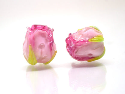 Bright Pink rosebud beads, Ombre glass beads, Gradient floral lampwork, Pink glass beads, Handmade glass beads, Lampwork one bead