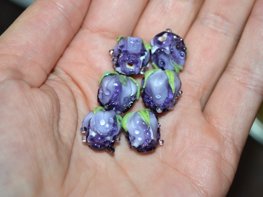 Purple rosebud beads, Violet floral lampwork, Purpure glass beads, Flower glass beads, Floral Jewelry, Jewelry glass beads, OliVerStar beads