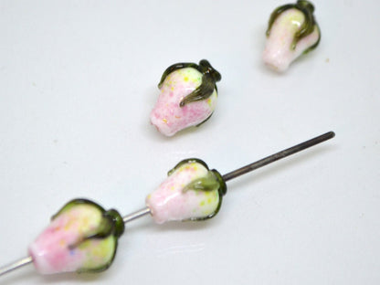 Pink white twist rosebud beads, Spring flower Glass Beads, Floral lampwork bead, Pink green flower buds, Artisan lampwork beads, OliVerStar