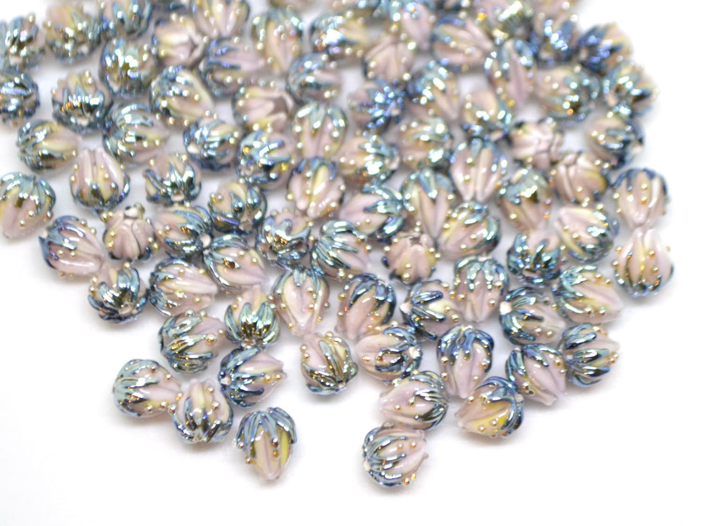 Very tiny 7mm pale pink flower glass beads, Small flower beads,  Half drilled beads, Small flower charm, through hole