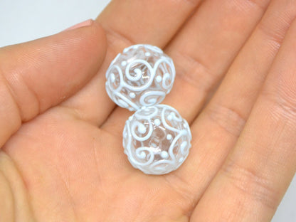 Clear hollow glass beads with blue curls, Artisan lampwork beads, Winter glass beads, Snow design beads, Snow jewelry making