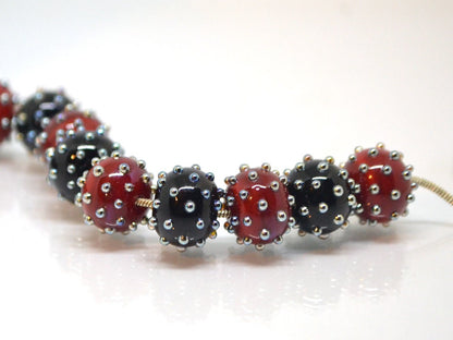 Red black handmade glass beads with silver dots, Artisan lampwork, Beads for bracelet, beads pimples
