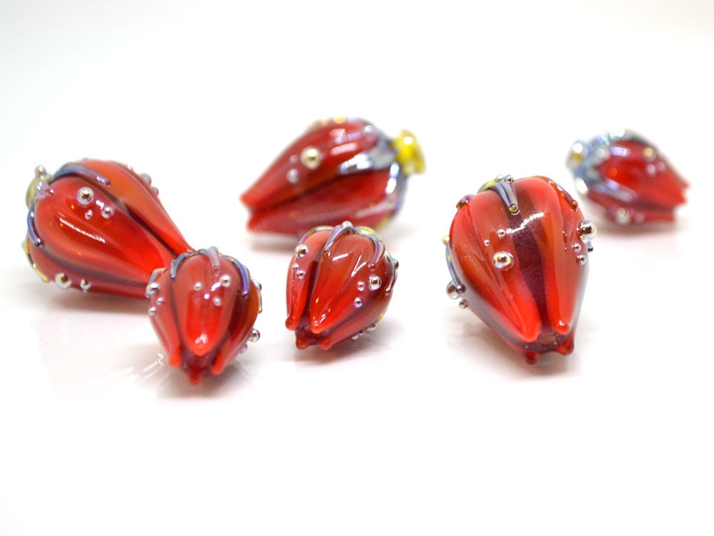 Deep red lampwork flower beads, Dark red glass floral beads, Large flower beads, Floral glass pendant, Focal lampwork