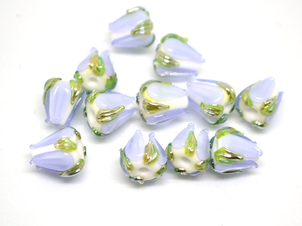 Pale Lavender green flower beads, 10mm beads, Light purple floral beads, Artisan lampwork, Handmade Lampwork, Floral lampwork, Pastel beads