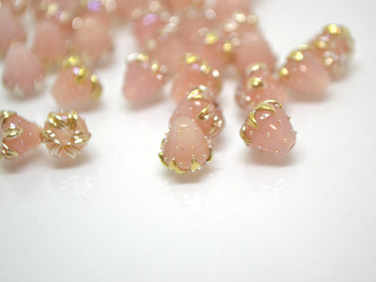 Pink floral beads with gold leaves, Peach pinky flower beads, Tiny glass beads, Light pink 7mm flower beads, Handmade lampwork