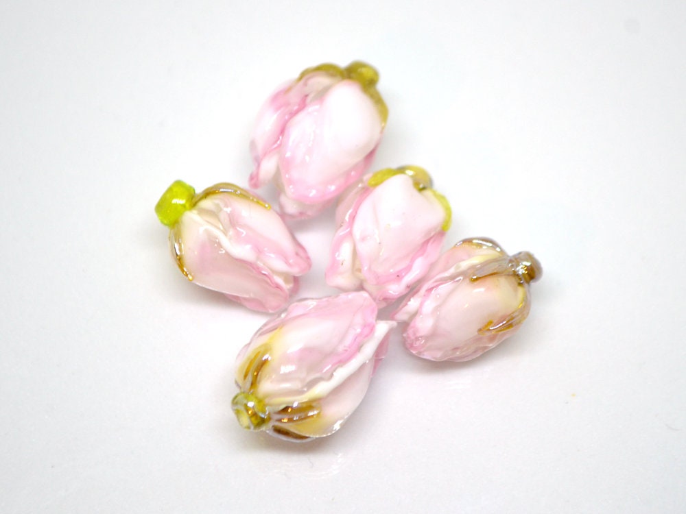White pink flower lampwork bud beads, Handmade lampwork, Floral lampwork, Made to Order