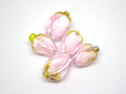 White pink flower lampwork bud beads, Handmade lampwork, Floral lampwork, Made to Order