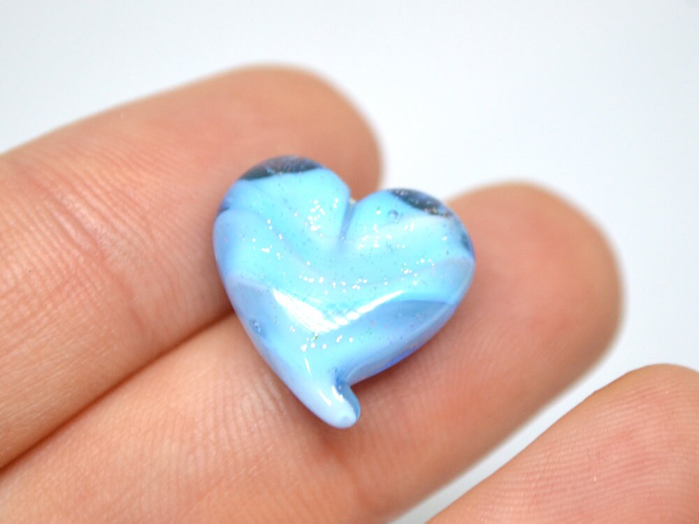 Blue heart beads, Sparkle Lampwork heart, Sky blue glass beads, Glass heart shape bead, Heart charm beads, Half-drilled beads, Handmade