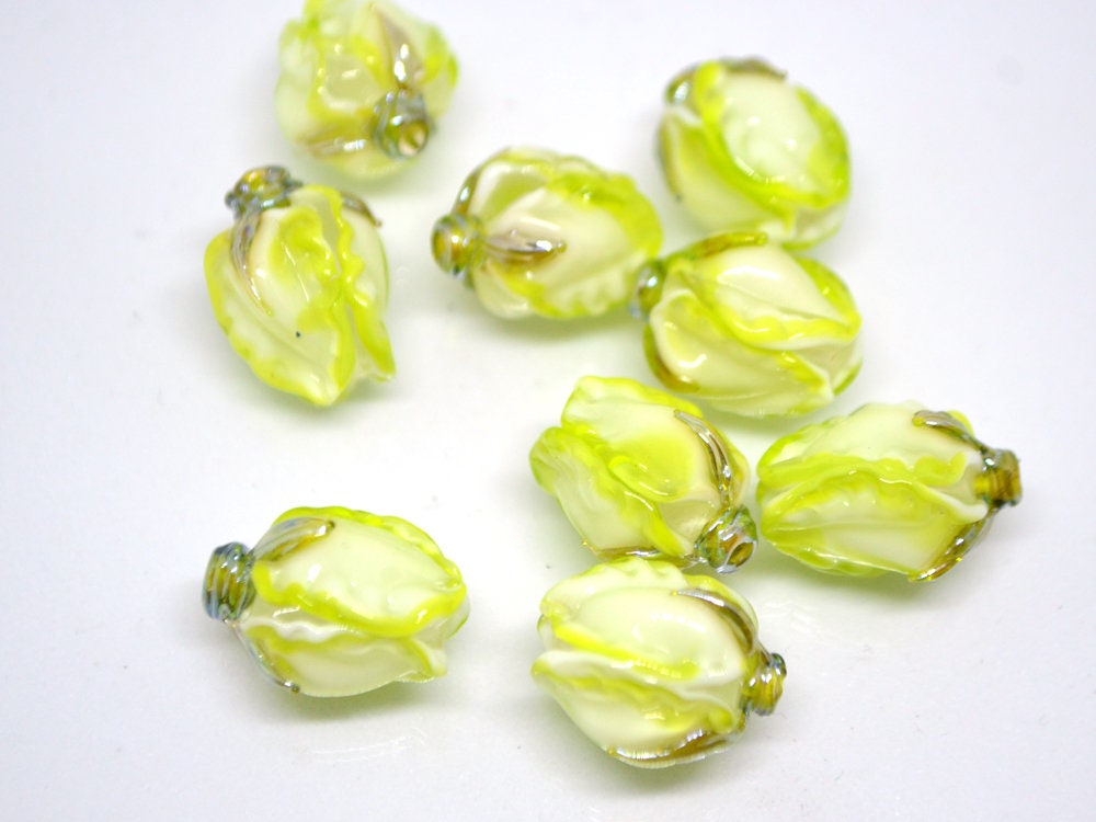 Light green glass beads, Lampwork floral beads, Salad green beads, White green glass beads, Beads for earrings, Artisan lampwork, bud beads