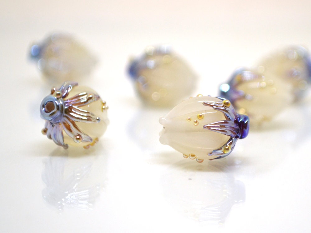 White opaque flower beads, White purple gold lampwork beads, Floral lampwork, White milk beads