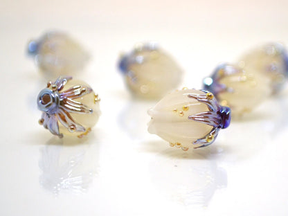 White opaque flower beads, White purple gold lampwork beads, Floral lampwork, White milk beads