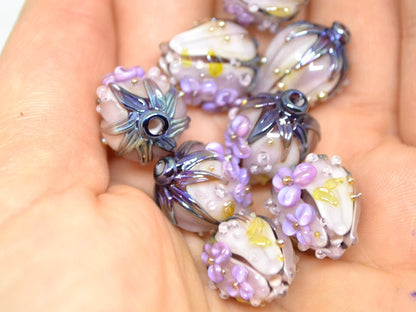 Pale purple flower bouquet lampwork beads, Light purple green mint lampwork beads, Artisan lampwork