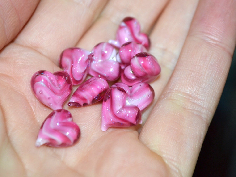 Pink heart beads, Pink glass bead, Heart jewelry making, Sparkle Lampwork heart, Heart shape, Glass Heart charm, Half-drilled beads