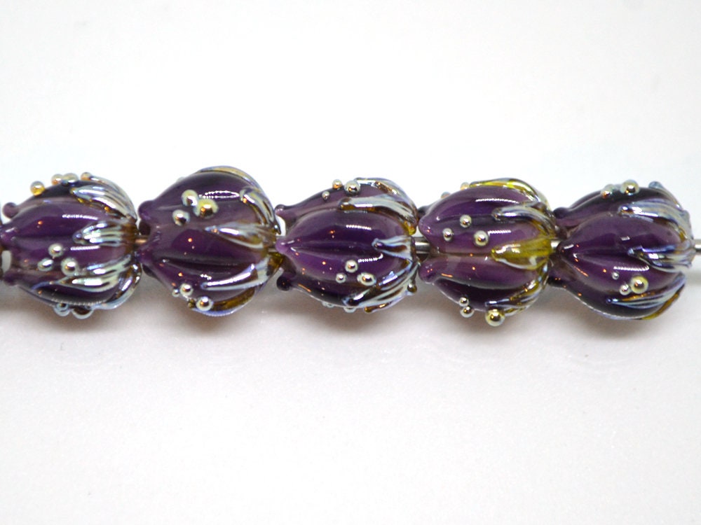 Dark Purple flower beads silver dots, 10mm glass beads, Artisan lampwork, Floral beads, Luxury beads, 3d flower bead, Handmade flower glass
