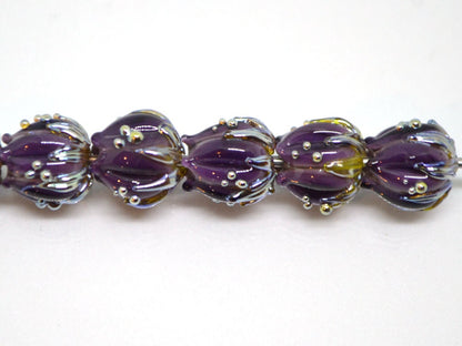 Dark Purple flower beads silver dots, 10mm glass beads, Artisan lampwork, Floral beads, Luxury beads, 3d flower bead, Handmade flower glass