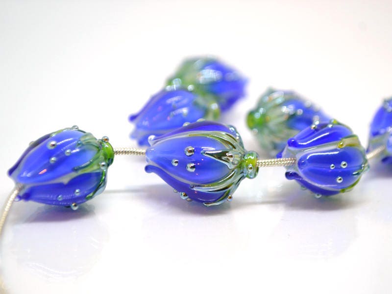 cobalt blue glass flower beads for jewelry blue flower earrings blue lampwork beads blue flower bud handmade beads earrings pair cobalt blue