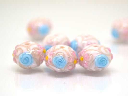 white murano glass lampwork, ethnic beads with flowers and curles, jewelry making venetian italian handmade beads