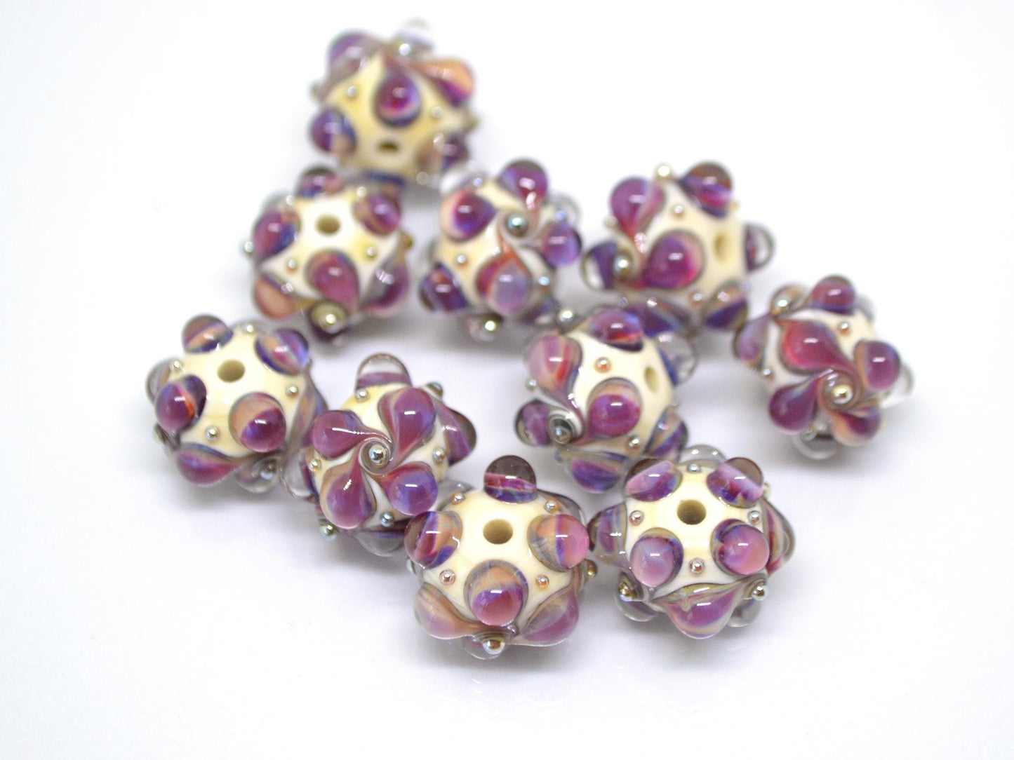 Purple beige Lampwork bead, Purple Ivory glass beads, Pastel lampwork beads, Focal beads, Artisan lampwork, Handmade bead, Rondelle beads