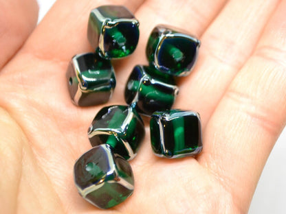 emerald glass beads handmade green cube beads lampwork cube bead geometric glass bead square lampwork bead art glass beads green silver bead