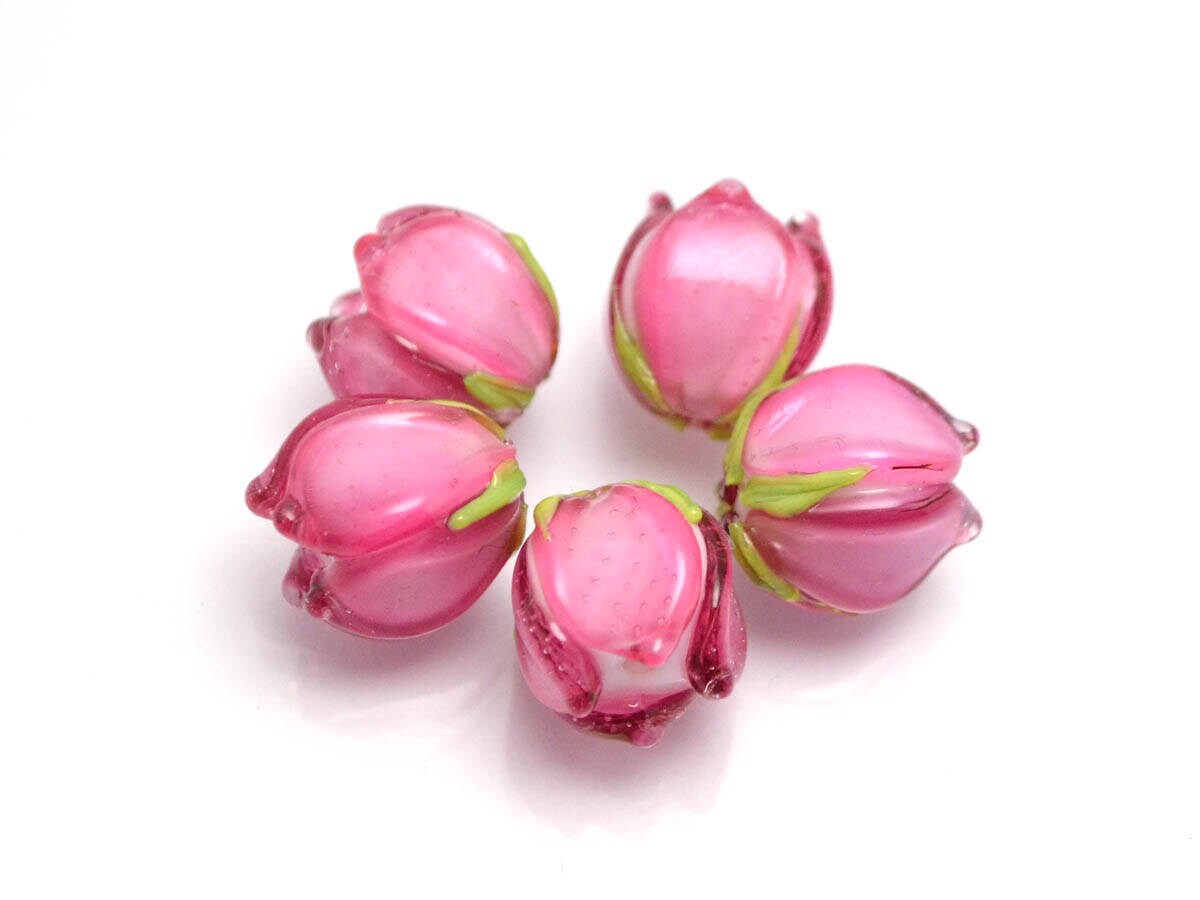 pink flower lampwork bead tender floral glass bud artisan handmade wedding jewelry making bracelet necklace pendant earrings bead set Leaf