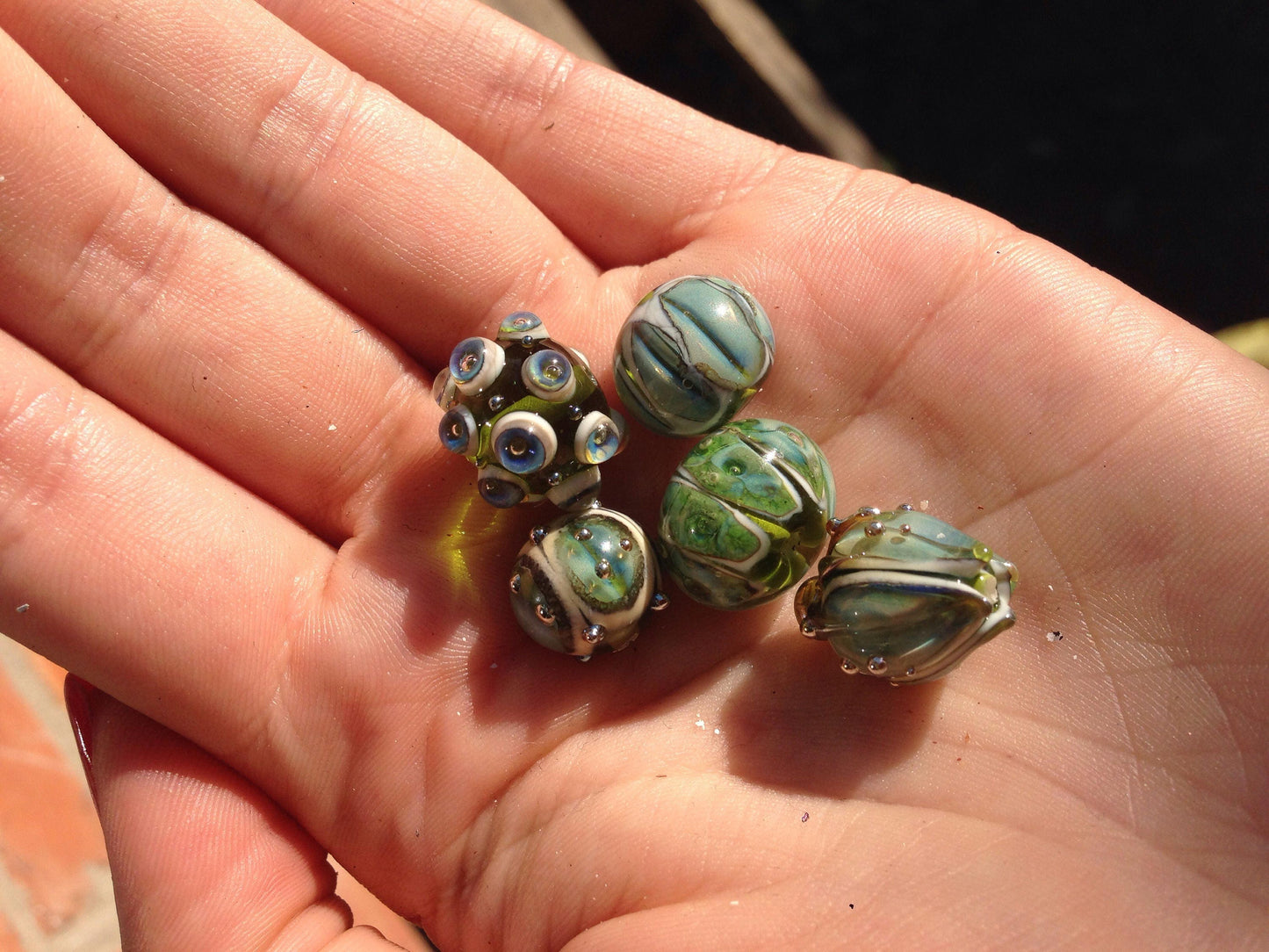 Flower artisan lampwork bead green blue bud handmade glass jewelry making set glass bell  Leaf Beads bracelet necklace pendant wedding