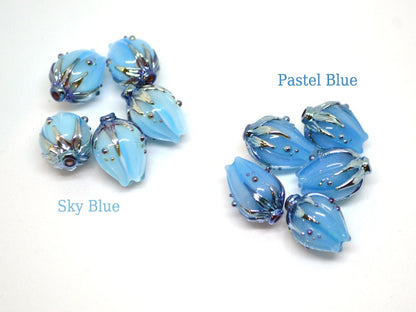 Handmade glass sky blue flower beads|Light Blue Silver|Glass pendant|Flower bud bead|Floral lampwork|Something blue|Wedding jewelry making